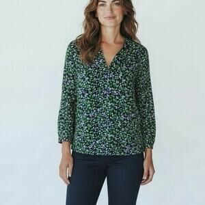 Chico's Women’s Abstract Dot-Print 3/4 Sleeve Split Neck Blouse 2 L 12/14 Blue